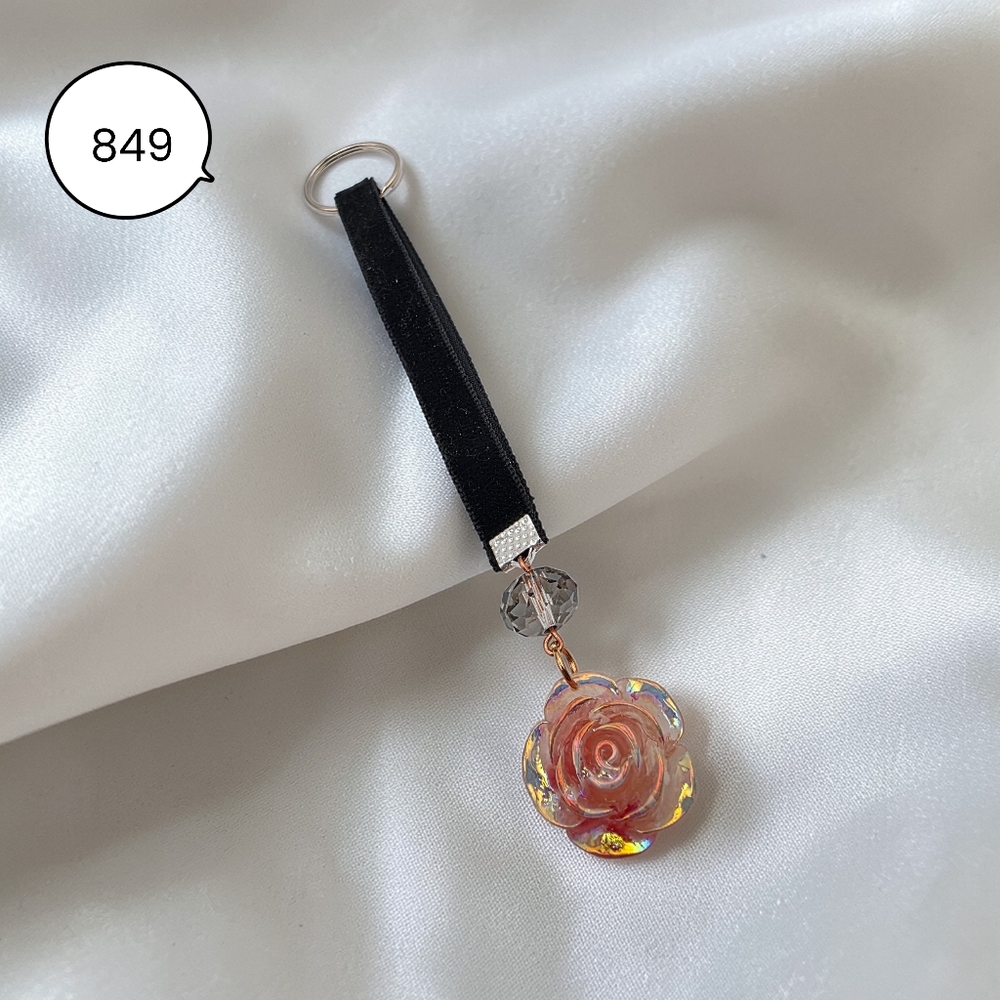 Iridescent Pink Rose Keychain on Black Velvet Strap